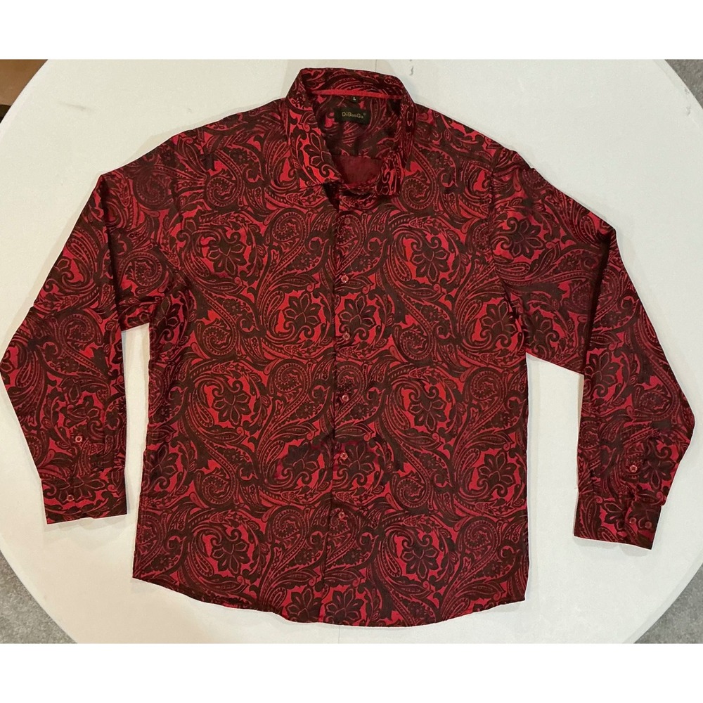 DiBanGu Paisley Dress Shirt‎ Mens L Red Black Silk Blend Jacquard Luxury Formal